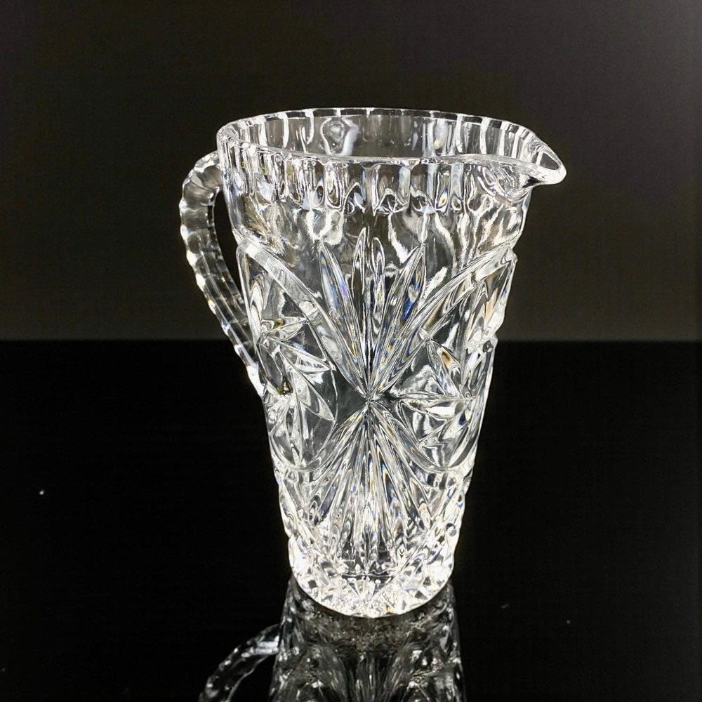 Vintage Pressed Glass Pitcher Starburst Medallion Clear‎ Glass 8.25 Inch